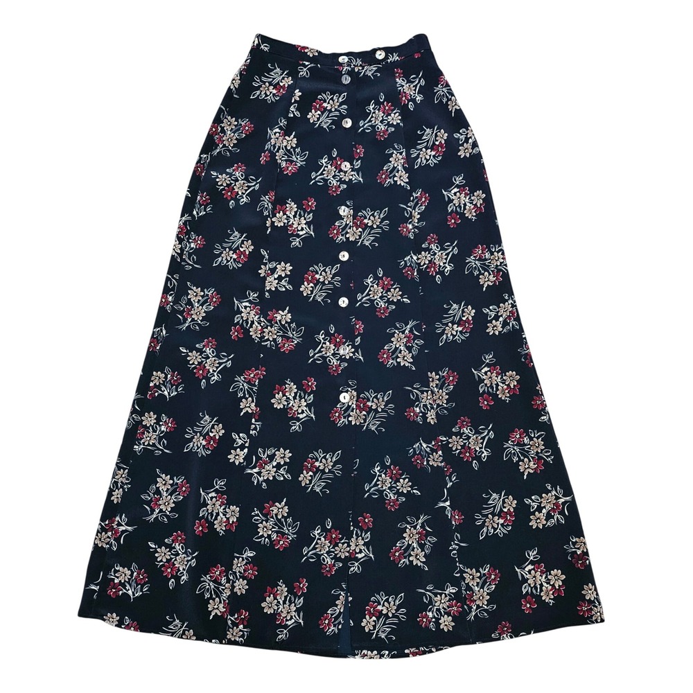 Vintage 90s Black Floral Button Front Maxi Skirt Size 5 Whimsigoth Fairy Grunge